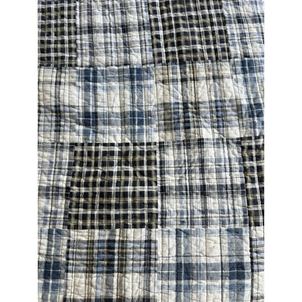 Eddie Bauer Plaid Quilt Blue Gray Cream Twin Throw Vtg 90s Rustic Cabin Cottage